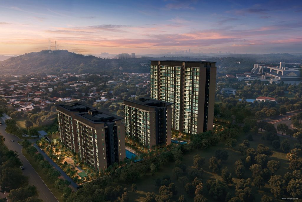 Artist’s impression of a three-tower residential complex in a green hillside setting at sunset, with a distant city skyline.