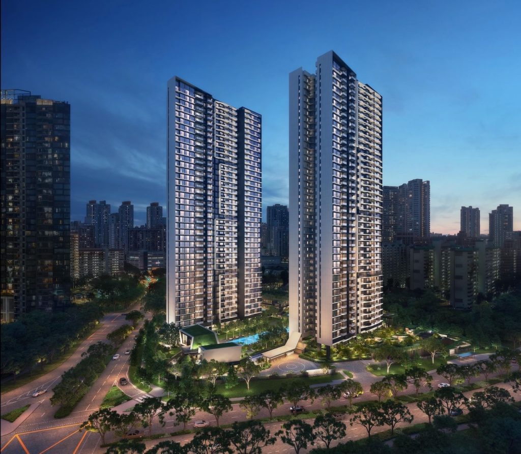 Two tall modern residential towers in a city at dusk, surrounded by greenery and a landscaped plaza at their base.